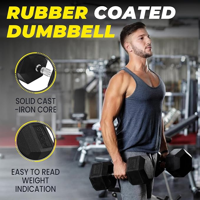 HulkFit Rubber Coated Hex Dumbbells, Anti-Roll Hand Weights Set of 2, Non-Slip Ergonomic Handle Low Odor for Home Gym