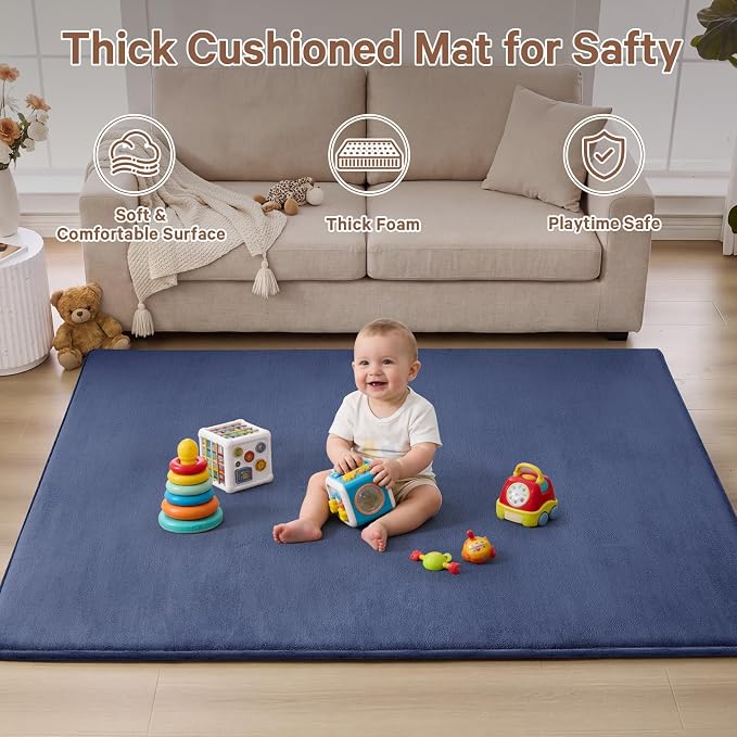 Baby Play Mat for Floor,Ultra Thick Elastic Foam 59"x79" Playmat Tummy Time Muscle Crawling Exercise Activity Cushion Gym Mat Nursery Playroom Area Kids Rug for Babies, Toddlers,Infants,Navy Blue