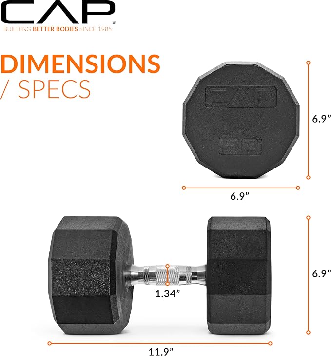 CAP Rubber Coated Dumbbell Weights, Free Weights for Home Gym Strength Training, Anti-Roll Hex Dumbbells with Black, Chrome & Comfort Grip Handles, Singles