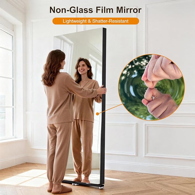 brisafe NanoMirror Non-Glass 118" x 71" Extra Large Mobile Dance Mirror with Wheels, Shatterproof Nano Film Rolling Gym Mirror for Studio, Yoga, Pilates, School & Home Gym, Black