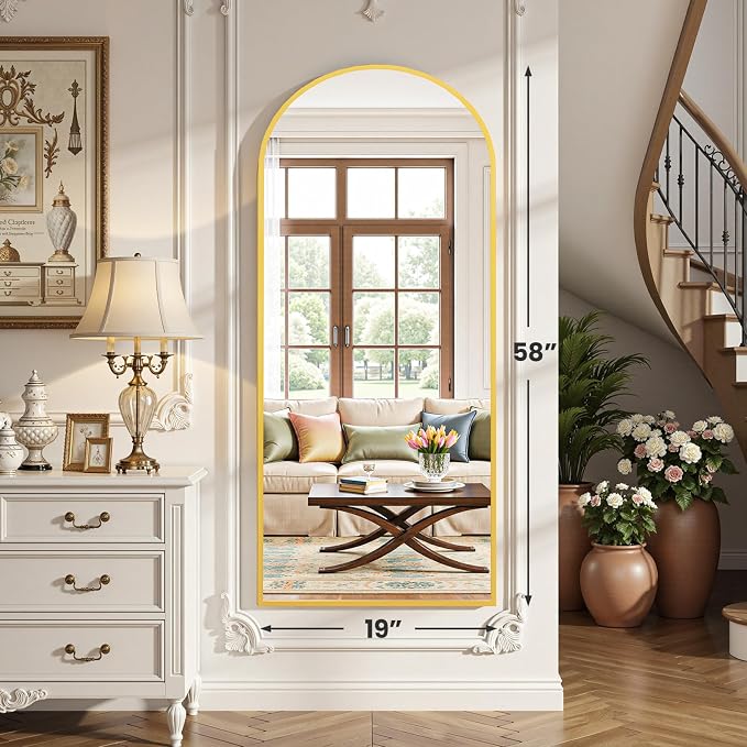 OLIXIS Arched Full Length Mirror, 58"x19" Full Body Mirror | Mirrors with Stand, Hanging or Leaning for Wall, Aluminum Alloy Thin Frame Floor Standing for Living Room, Long, Gold