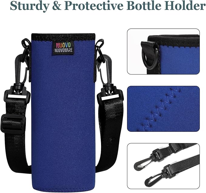 Nuovoware Water Bottle Carrier, 750ml, Navy Blue | Portable Insulated Neoprene Sleeve, Adjustable Shoulder Strap, Fit Stainless Steel, Plastic Bottles, Small Size