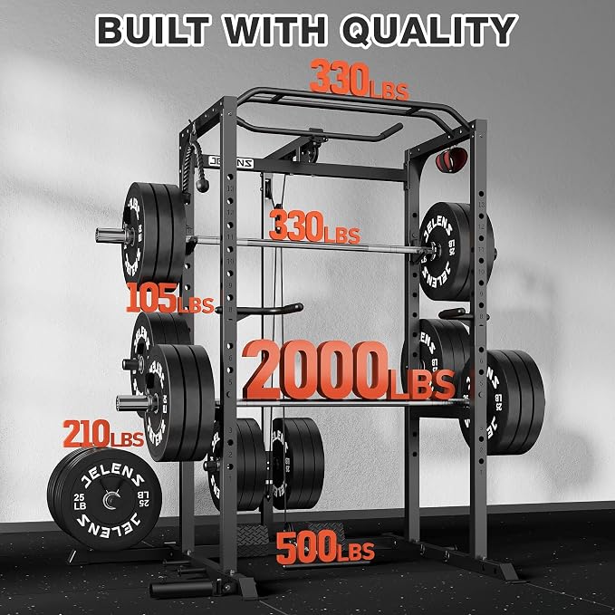 JELENS S21 Power Cage, Multi-Function Power Rack with Adjustable Cable Crossover System, 2000LBS Squat Rack for Home Gym with More Training Attachments