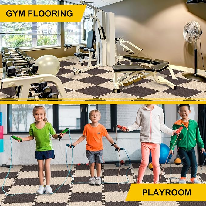 Ecally 100 Pcs 12 x 12 Gym Mat Foam Floor Mats for Home Gym Covers 96 Sq Ft Puzzle Exercise Square Interlocking Carpet Tiles with Border for Workouts Equipment Yoga Pilates (Beige,Brown)