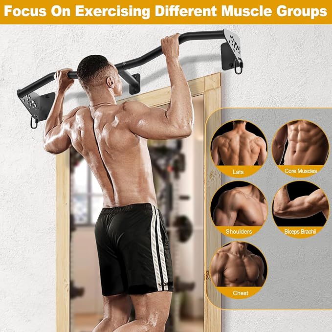 Kipika Wall Mounted Pull Up Bar - Heavy Duty 500 LB Capacity Doorway Chin Up Bar for Home Gym, Sturdy Steel Construction with Resistance Band Hooks | Hanging Exercise Bar for Full Body Workout