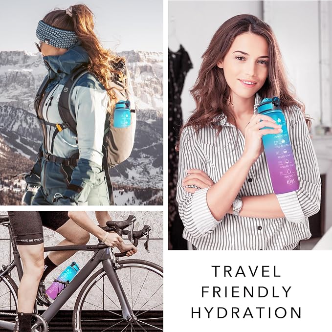 Hyeta Water Bottle with Straw & Time Marker, Plastic 32oz Leakproof | Motivational Tritan BPA Free Gym Office Outdoor Intake Tracker Hourly Reminder Straw Lid Carry Strap
