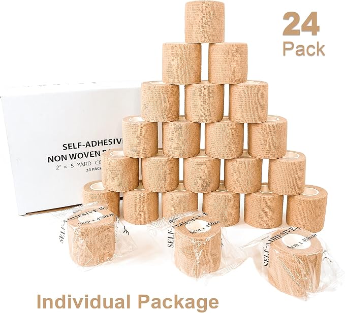[24 Pack 2" x5 Yards] Beige-Self Adhesive Bandages Pre Wrap, Athletic Elastic Cohesive Bandage for Sports, Injuries, Treatments, and Recovery, First Aid Tape Vet Wrap for Cat, Dog