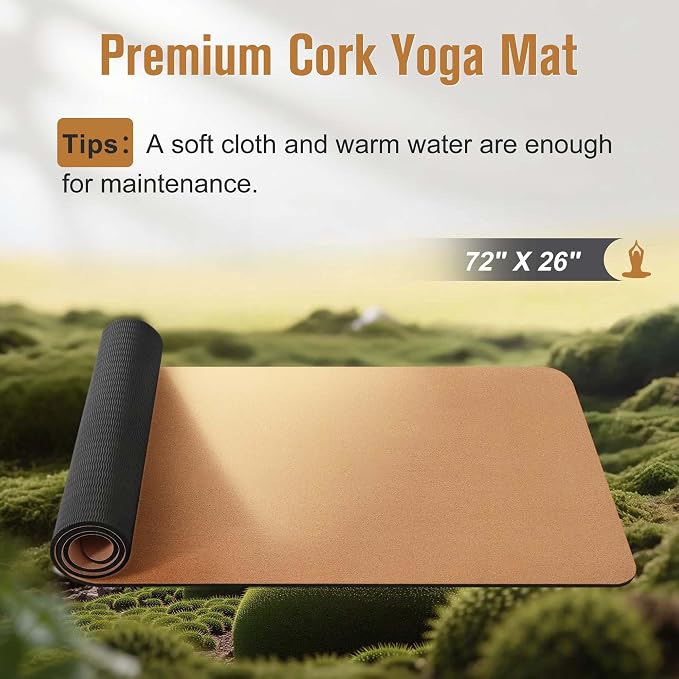 Umineux Cork Yoga Mat 1/4 & 2/5 Inch Thick 72 x 26 in | Thick Cork and TPE Non Slip Yoga Mats for Women Men, Sweat Proof, Sustainable, Great for Hot Yoga & Workouts