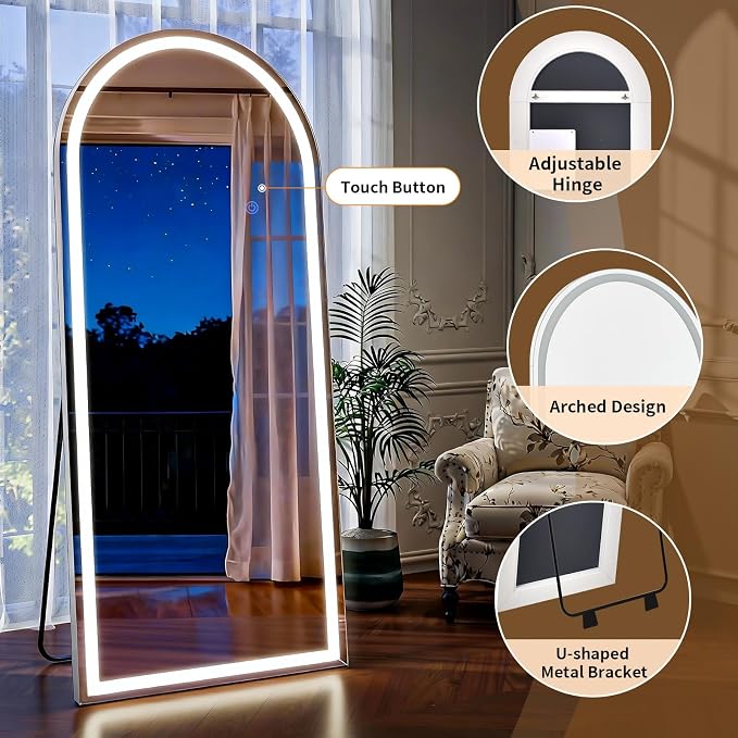 LED Arched Full Length Mirror with Lights 65"x24" | Lighted Floor Mirror with Dimming & 3 Color Lighting, Aluminum Frame Standing Leaning or Hanging for Cloakroom White