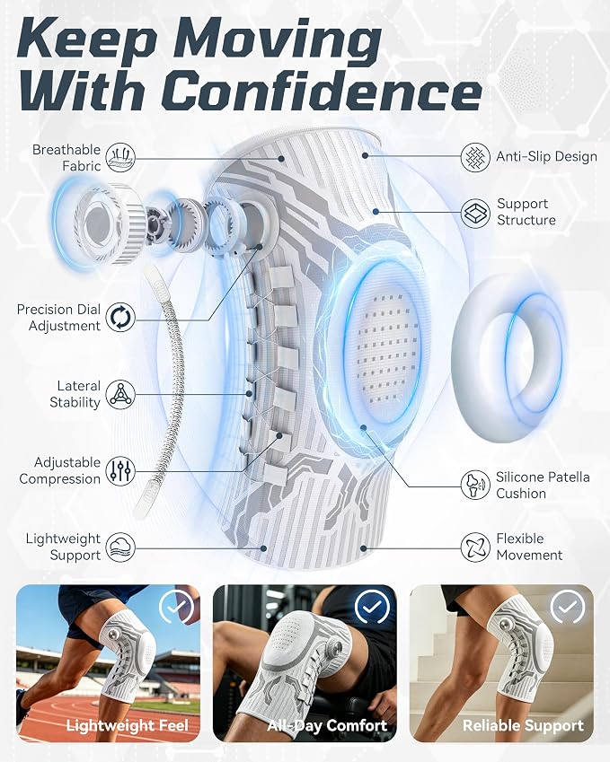 Knee Sleeve, Adjustable Knee Brace With Precision Dial, Patella Gel Pad & Side Stabilizers For Running, Workout