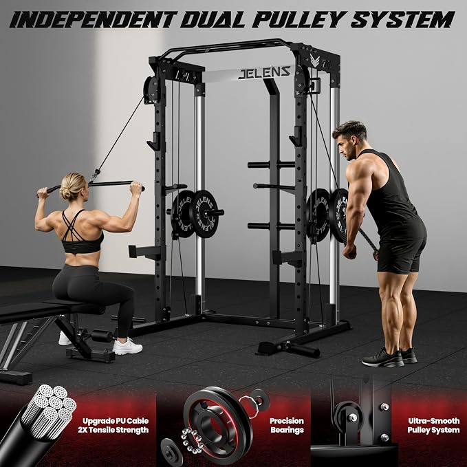 JELENS C21 Power Cage, 2000LBS Multi-Function Power Rack with Independent Dual Pulley System, All-in-One Squat Rack for Cable Crossover, Home Gym Workout Machine