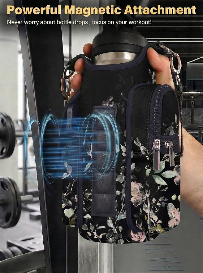 Magnetic Gym Bag,Magnets Gym Water Bottle Bag Carrier Holder with Pockets & Strap Fit for 18 to 40 oz Owala Hydro Flask Yeti, Gym Accessories for Men Women,Walking, Hiking