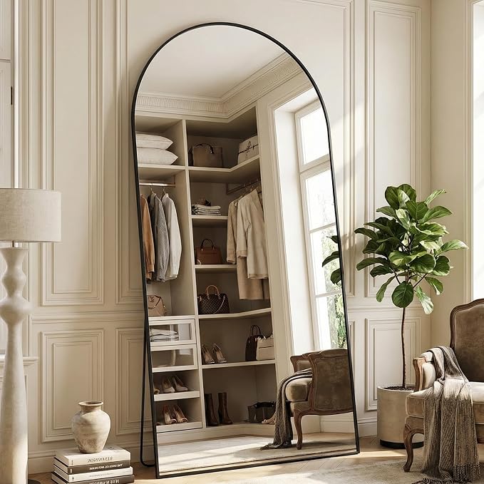 Suidia 88"x44" Arched Full Length Mirror with Stand, Full Body Mirror with Aluminum Frame, Freestanding/Leaning/Wall-Mounted, Floor Mirrors for Bedroom, Living Room, Entryway, Dressing Room, Black