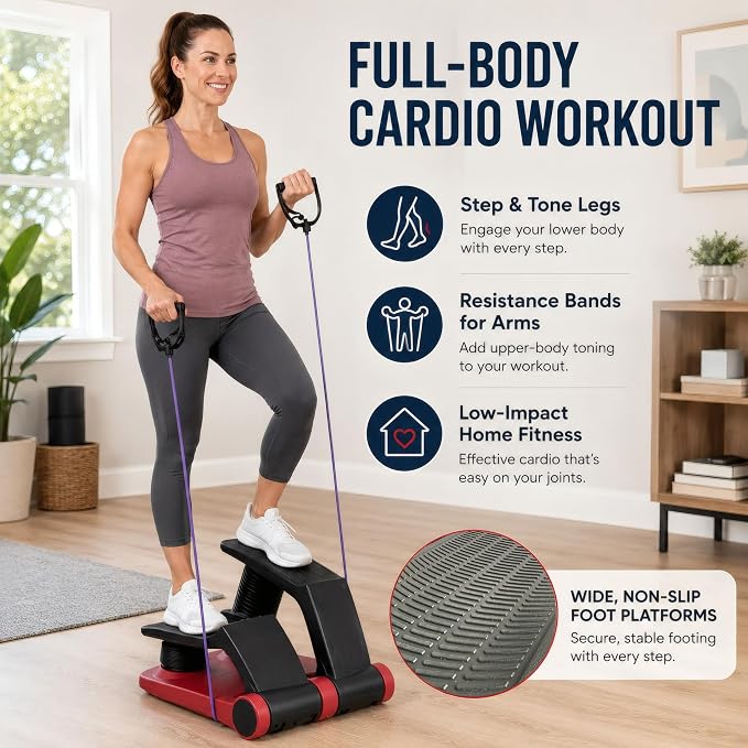 Air Stepper Machine with Resistance Bands | Adjustable Air Resistance Mini Stepper, LCD Monitor, Low Impact Cardio Workout Equipment for Home Gym, 300 lb Capacity