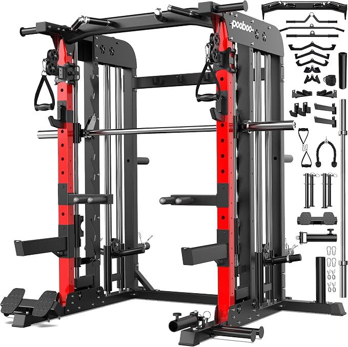 pooboo Multi-Functional Machine Power Cage, 2000LB Squat Rack, LAT-Pull Down System, Dual Pulley Cable Crossover System, Home Gym Workout Machine with Strength Training Attachments