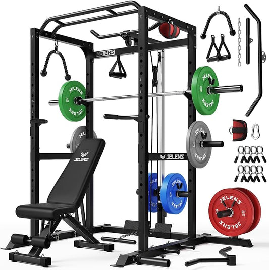 JELENS S21 Power Cage, Multi-Function Power Rack with Adjustable Cable Crossover System, 2000LBS Squat Rack for Home Gym with More Training Attachments