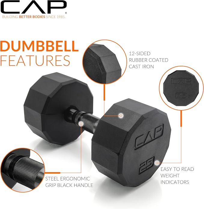 CAP Rubber Coated Hex Dumbbell Set with Storage Rack | 100–210 lb Options, Space-Saving Vertical Compact Storage for Home Gym Strength Training