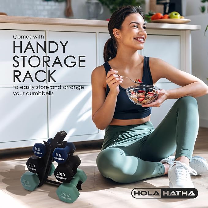 HolaHatha 1, 2 and 3 lb Neoprene Dumbbell Strength Training Weight Set with Rack