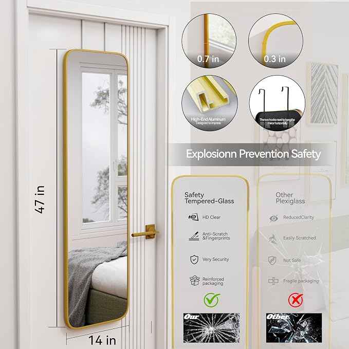 SCWF-GZ 47x14 Mirror Full Body Length Door Hanging/Rope Hang/Wall Mounted Metal Frame Rectangle Mirrors for Bedroom Bathroom Dressing Living Room 47 inch Gold