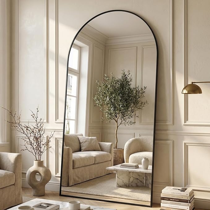 Suidia 90"x46" Arched Full Length Mirror with Stand, Full Body Mirror with Aluminum Frame, Freestanding/Leaning/Wall-Mounted, Floor Mirrors for Bedroom, Living Room, Entryway, Dressing Room, Black
