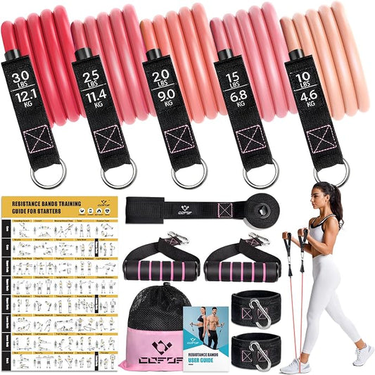 Resistance Bands with Handles for Women, 5 Level Exercise Bands | Workout Bands for Physical Therapy, Yoga, Pilates, Door Anchor, Storage Pouch, Training Poster