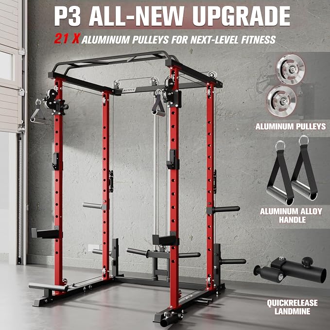 RitFit PPC-P3 Power Cage with Cable Crossover System, 1200LB Capacity | LAT Pulldown & Cable Crossover System with Bumper Plate Set, Olympic Barbell, Bench