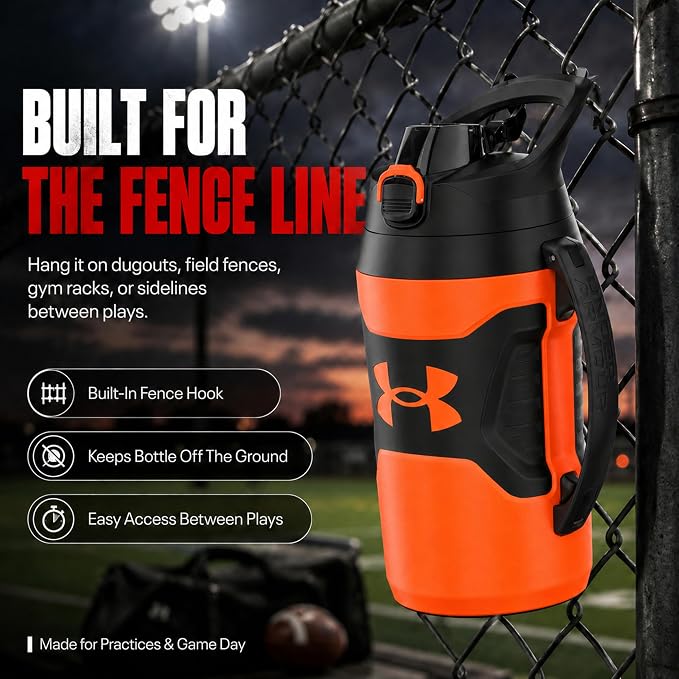Under Armour Insulated Water Bottle with Handle & Fence Hook, Half Gallon Sports Water Jug, Leak-Resistant & BPA-Free for Baseball, Football & Gym - Blaze Orange/Black, 64oz