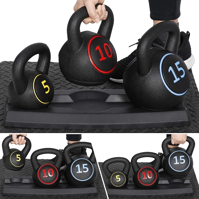 4-Piece Kettlebells Weights Set, Wide Grip Strength Training Soft Kettlebell, Exercise Fitness Concrete Weight, Full Body HIIT Workout, Weights for Women at Home 5 lbs 10 lbs 15 lbs and 20 lbs lb Dumbbells
