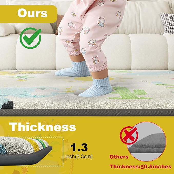 Baby Play Mat for Floor, 1.3" Thick Elasti-Foam Baby Play Mat, 71x59 Playpen Mat for Toddlers Infant kids, Water Repellent Soft Coral Velvet Crawling Mat for Floor, Non-Slip Backing Safe Jungle Safari