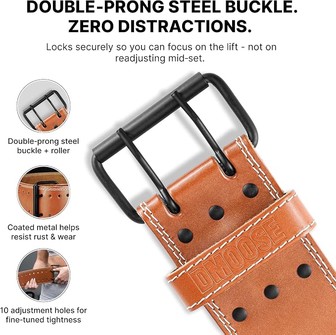 DMoose Fitness Weight Lifting Belt for Lower Back Support - 5mm Thick Genuine Leather Gym Belt for Squats, Deadlifts & Powerlifting - Double Prong Buckle with 10 Holes Adjustability for Men & Women