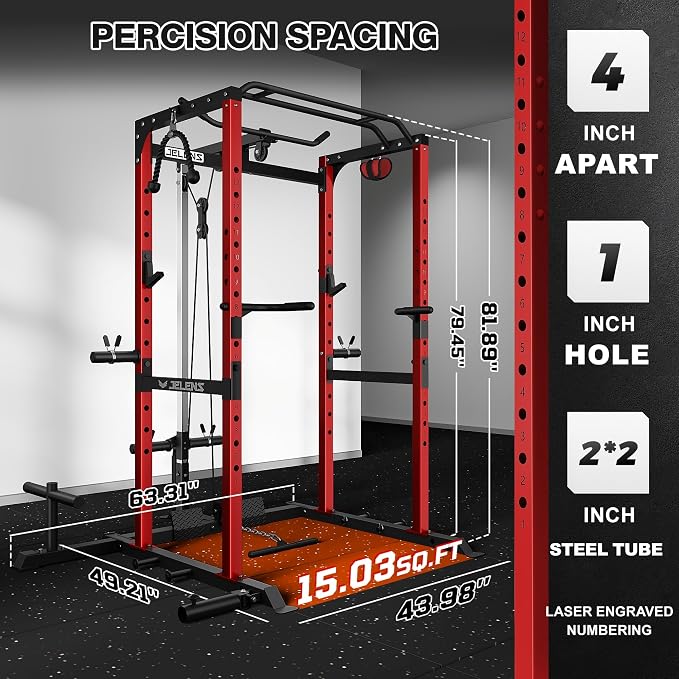 JELENS S21 Power Cage, Multi-Function Power Rack with Adjustable Cable Crossover System, 2000LBS Squat Rack for Home Gym with More Training Attachments