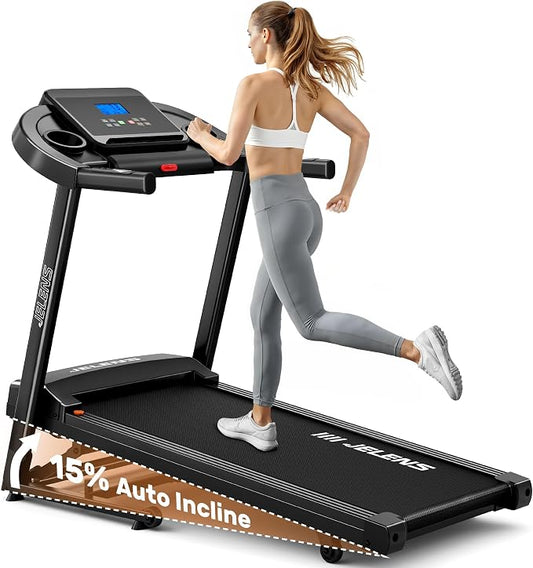 JELENS Treadmill for Home with 0-15% Auto Incline, Foldable Walking Pad Treadmill with 330LBS Weight Capacity and Pulse Sensors, 3.0HP Quiet Walking Pad with App and LCD Display
