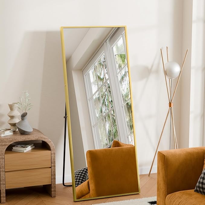 64"×21" Full Length Mirror, Shatterproof Tempered Glass Floor Mirror, Alum Alloy Thin Frame Standing Mirror with Freestanding/Leaning/Wall Mount for Bedroom, Living Room & Entryway, Gold