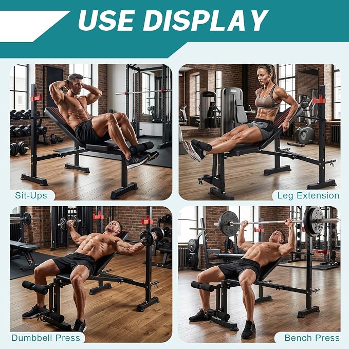 OLIXIS Adjustable Weight Bench Set with Rack, 650 LBS Capacity Heavy Duty Foldable Bench Press Set with Leg Extension Curl, Easy Assembly Strength Training Workout Set for Garage, Home, Gym