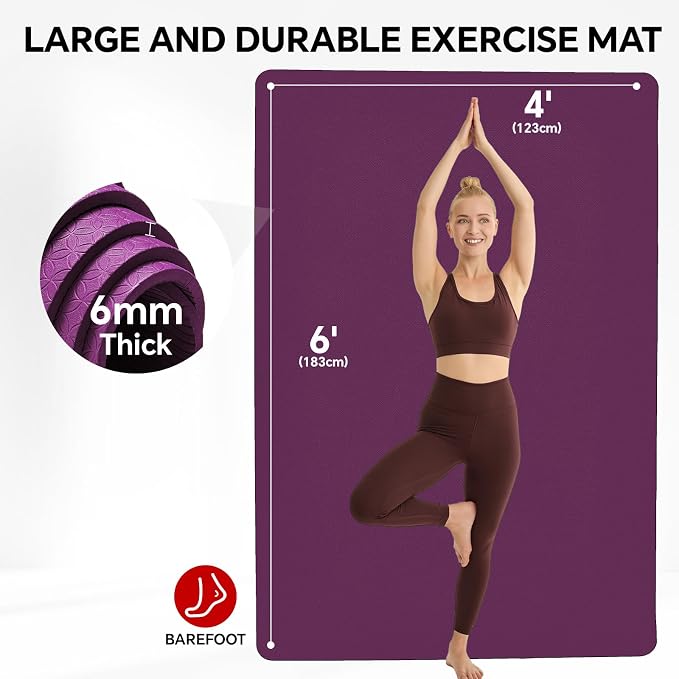 Stepwaver Extra Large Yoga Mat 6'x4'(1/3" & 1/4" Thick), Non-Slip, Ultra Durable, Wide Workout Mat, Wide Exercise Mats for Home Workouts, Yoga, Pilates, Stretching (Barefoot Exercise)