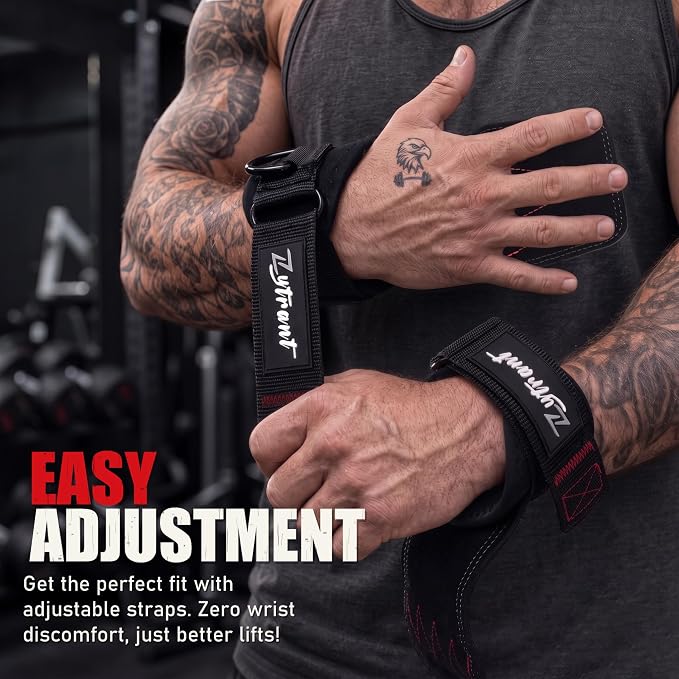 Weight Lifting Grips with D-Ring, Leather Palm and Wrist Support | Grip support for pulling workouts, less palm strain, D-ring cable options, padded wrist support