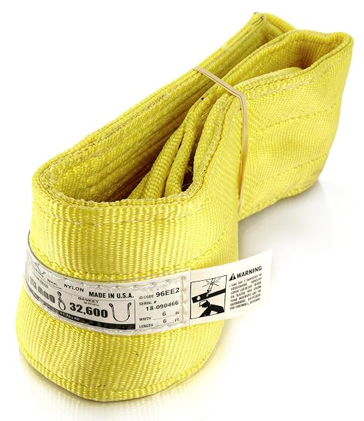 DD Sling 6 Inch x 6 Foot Nylon Lifting Sling – USA Made, 16,300 lb Vertical, 13,000 lb Choker, 32,600 lb Basket – 2-Ply Heavy Duty 900 Webbing, Type 4 Twisted Eye & Eye Rigging Sling