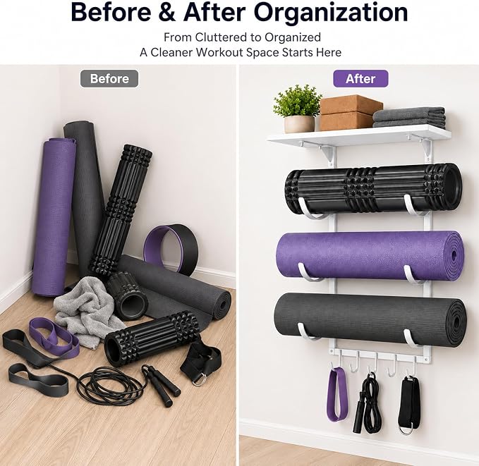 Wall Mount Yoga Mat Storage Rack, Heavy Duty Iron Organizer with 3-Tier J-Hooks, Wide Top Shelf and 5-Hook Bottom Rail for Yoga Mats, Foam Rollers, Blocks and Home Gym Accessories