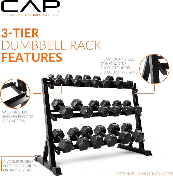 CAP 2-Tier & 3-Tier Dumbbell Rack for Home Gym, Heavy-Duty Steel Weight Storage Rack for Hex Dumbbells, Holds 5-35lb 5-50lb 5-75lb Dumbbell Pairs, Multiple Sizes & Capacities