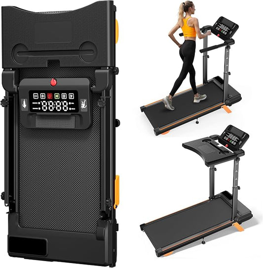 12% Incline Multifunctional Walking Pad with Height-Adjustable Handle Bar and Built-in Removable Desk, 8.0MPH/3.5HP Small Treadmill, 350LBS Weight Capacity Compact Treadmills (Black Orange)