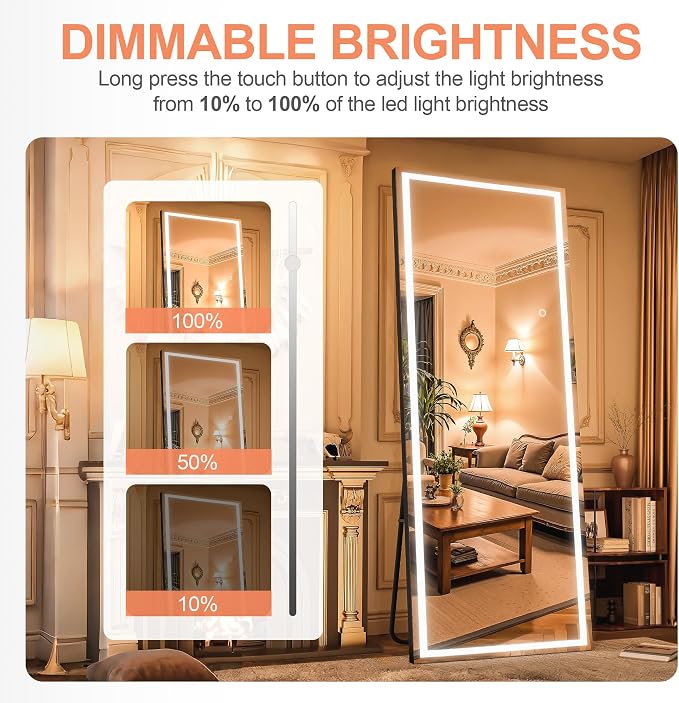 Full Length Mirror with Lights, 56" x 18" LED Lighted Floor Standing Body Mirror, Dimmable & 3 Color Lighting for Bedroom, Cloakroom, Dressing Room, Tempered Glass, Square Black