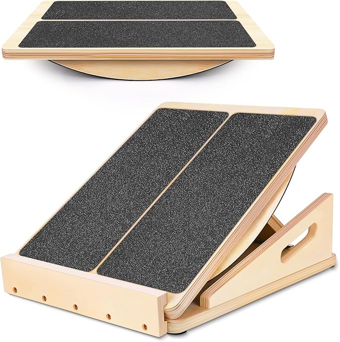 2-in-1 Professional Wooden Balance Board & Slant Board, Four Adjustable Incline Board and Calf Stretcher, Stretch Board for Knees Ankle Heel Feet Leg