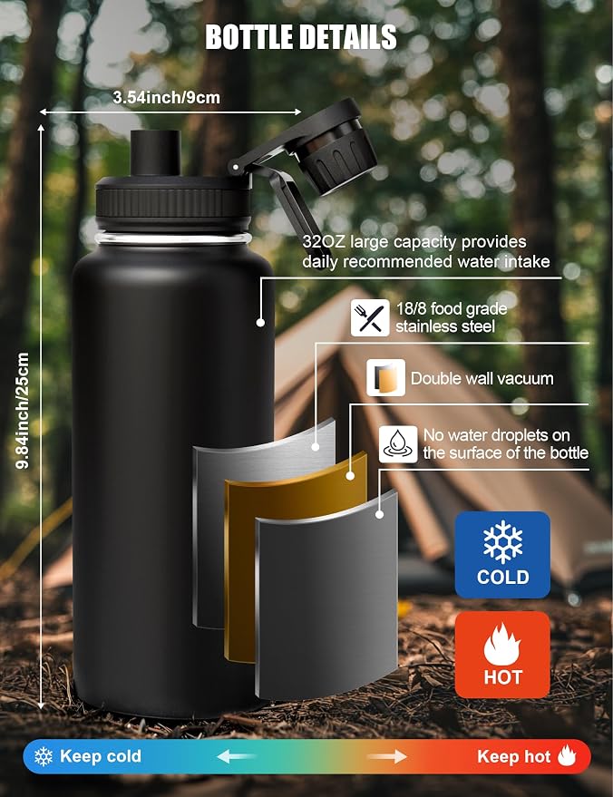 Tactical Water Bottle with Straw, 32 Oz Insulated Water Jug with Molle Water Bottle Holder, Stainless Steel Sport Bottle with 2 BPA Free Lids for Gym Workout Hiking (32oz-Black)