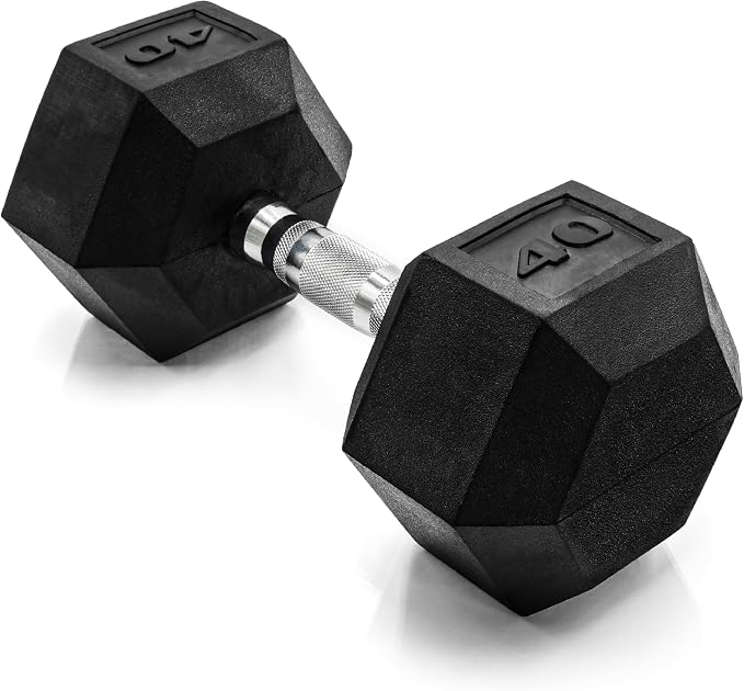 CAP Rubber Coated Dumbbell Weights, Free Weights for Home Gym Strength Training, Anti-Roll Hex Dumbbells with Black, Chrome & Comfort Grip Handles, Singles