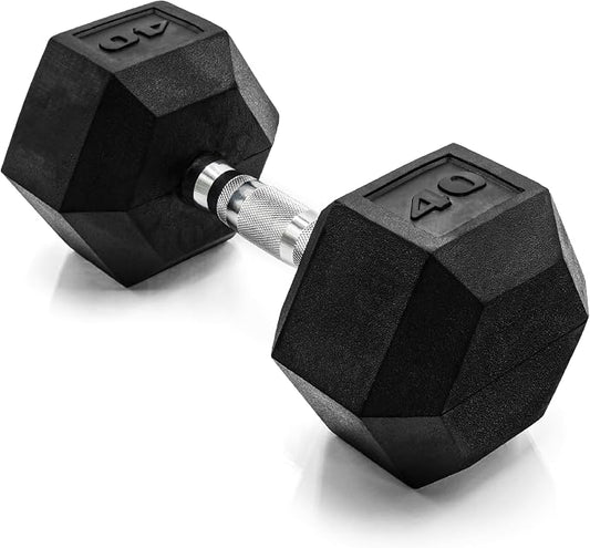 CAP Rubber Coated Dumbbell Weights, Free Weights for Home Gym Strength Training, Anti-Roll Hex Dumbbells with Black, Chrome & Comfort Grip Handles, Singles