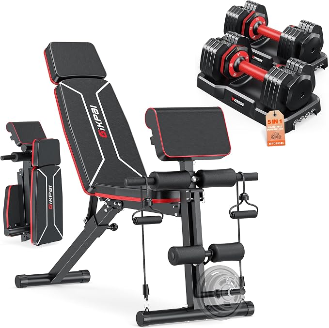 GIKPAL Adjustable Weight Bench - Workout Bench Press for Home Gym | Foldable Incline Decline Sit up Exercise Bench for Full Body Strength Training w/Leg Extension and Preacher Pad