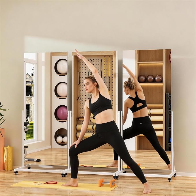 65" x 18" Full Length Rolling Mirror on Wheels for Home Gym, 360° Rotate | Tempered glass & metal frame, 360° rotation, standing holder included, ideal for bedroom, dance studio, fitness training