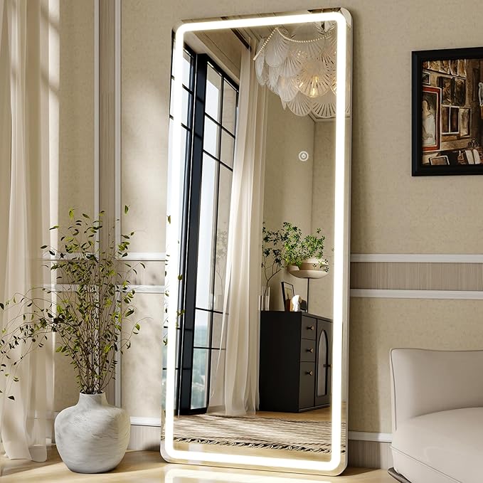 LED Full Length Mirror with Dimming &3 Color Lighting 26 x 71 | Floor Mirrors with Lights Lighted Mirrors Wall for Bedroom Dressing Room Checkroom Standing Leaning or Hanging White Rect