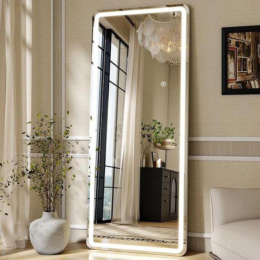 LED Full Length Mirror 71"x 26" - Lighted 3 Color Lighting | Floor Mirror with Dimming & , Mirror Full Size with Round Corner Standing Leaning or Hanging for Bedroom Cloakroom White