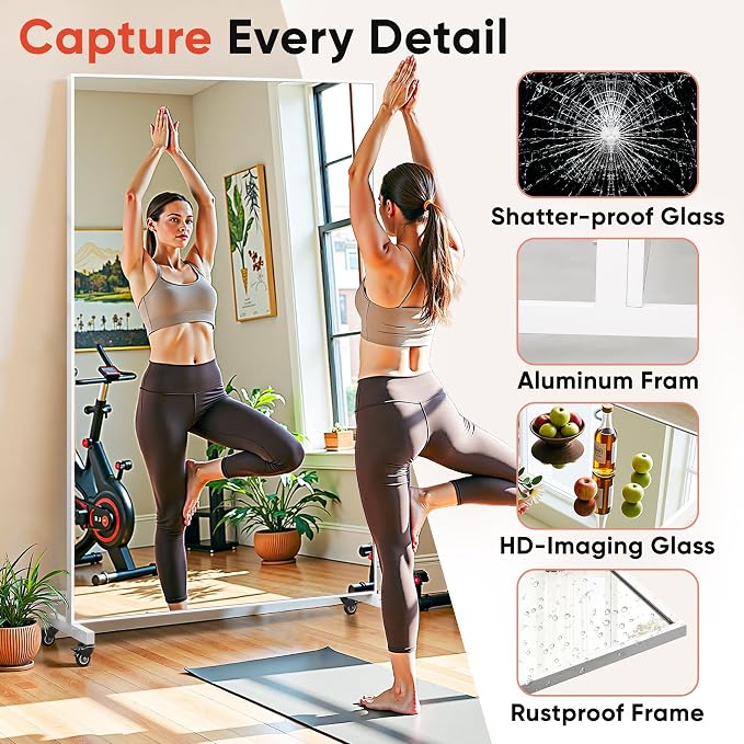 Suidia 82"x44" Extra Large Full Length Mirror on Wheels, 360° Swivel Rolling Mirror Floor, HD Tempered Glass Full Body Standing Mirrors for Home Gym, Yoga, Dance Studio, Bedroom, Rectangular, White